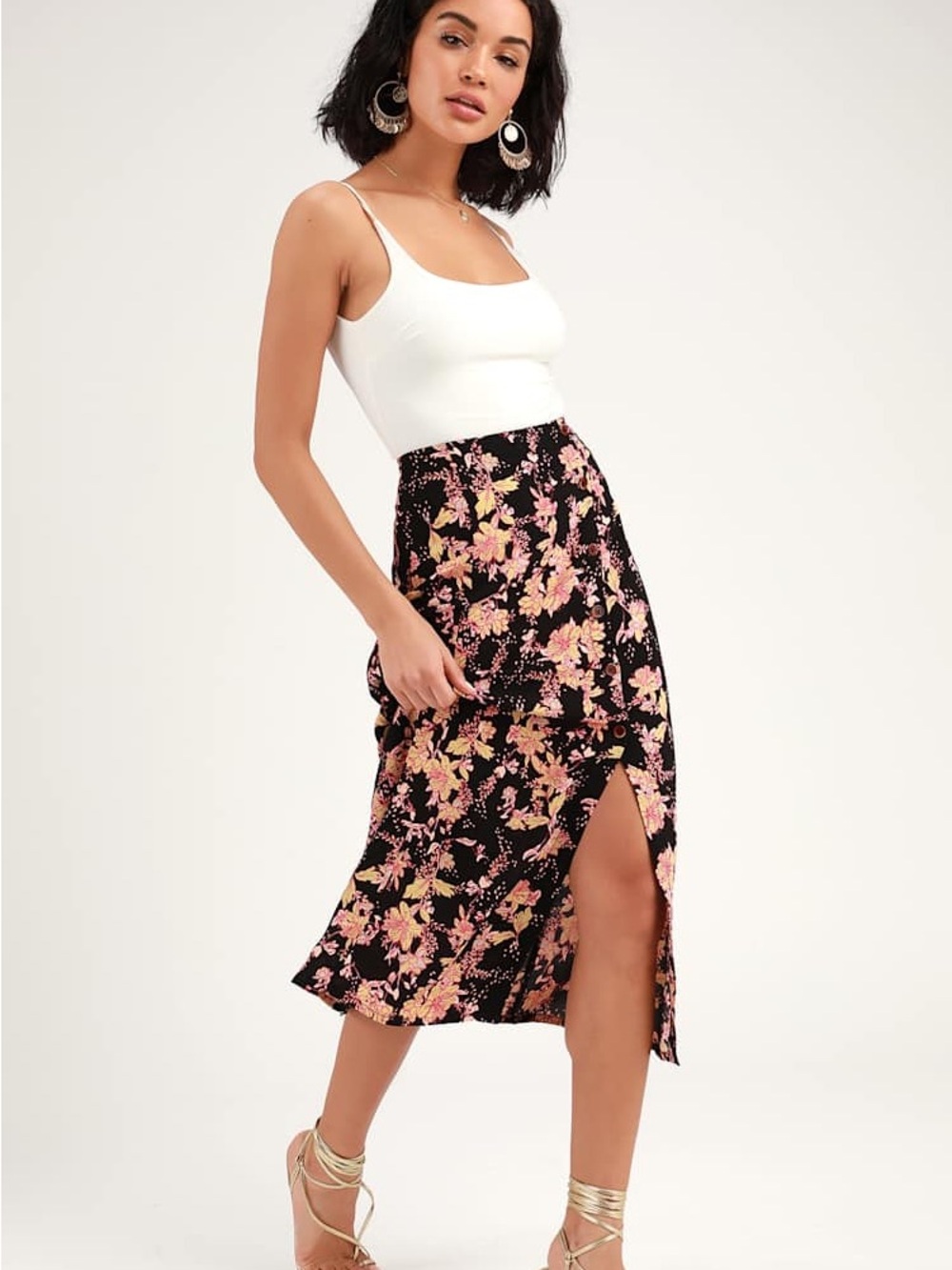 Free People Black Floral Midi Skirt with Pink and Yellow Accents